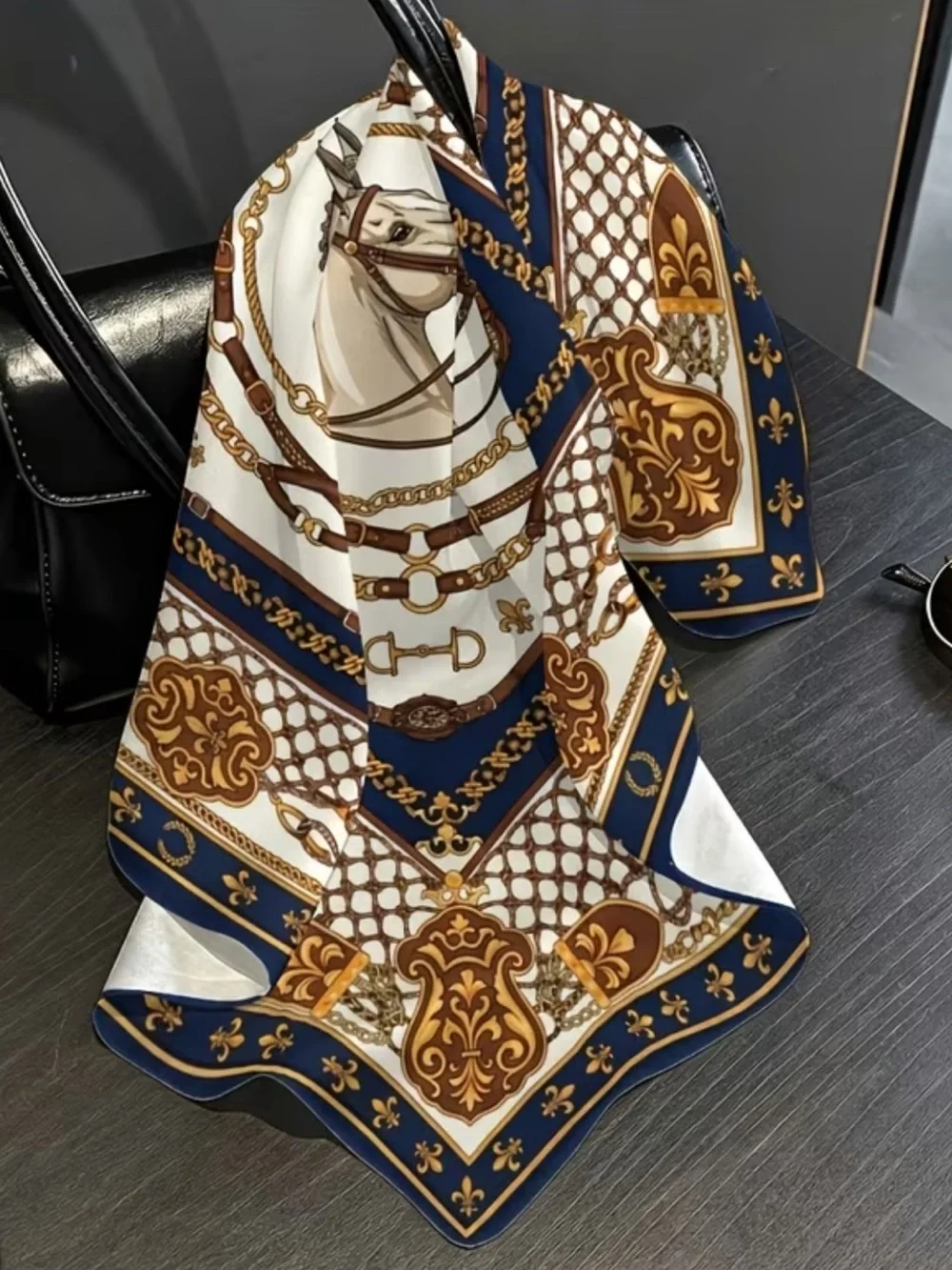 Decorative Horse-Print Scarf in Navy and Gold